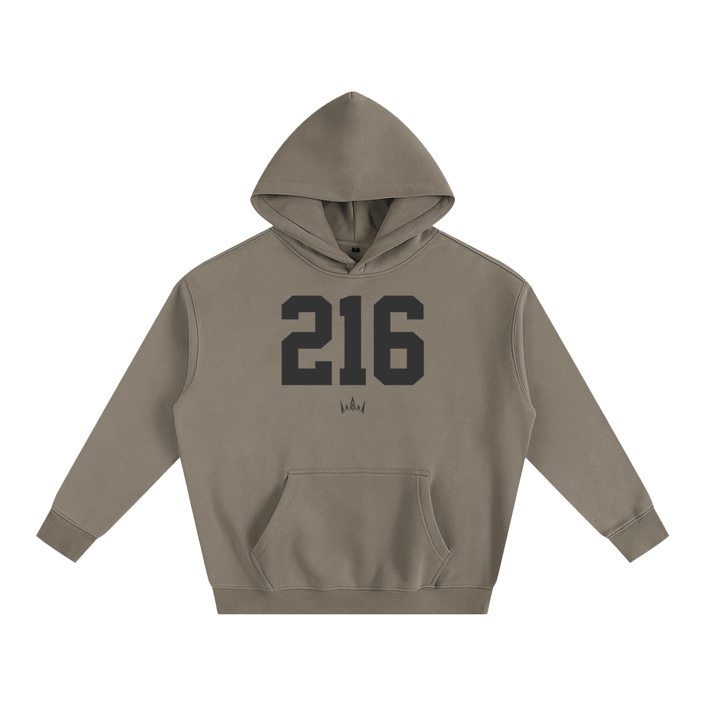 Brown oversized hoodie with '216' printed in black on the front.