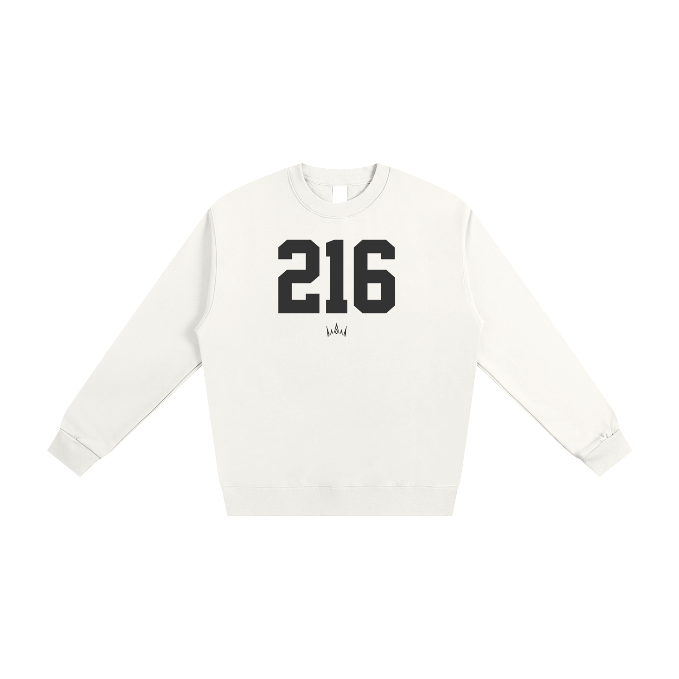 White sweatshirt with the number '216' printed on the front.