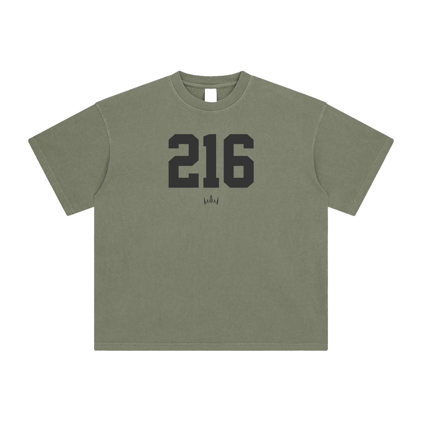 A green crew neck short-sleeved t-shirt with the number 216 printed in black on the front.