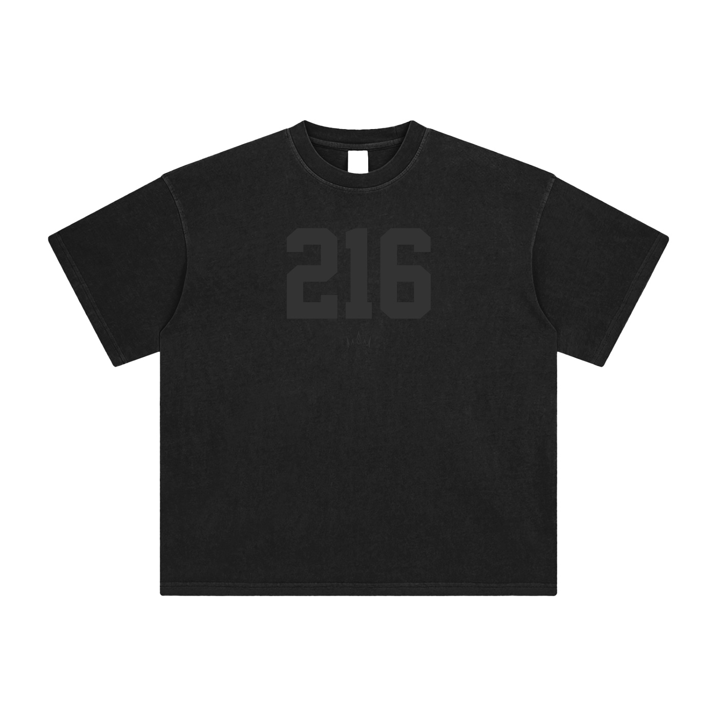 A black crew neck short-sleeved t-shirt with the number 216 printed in black on the front.