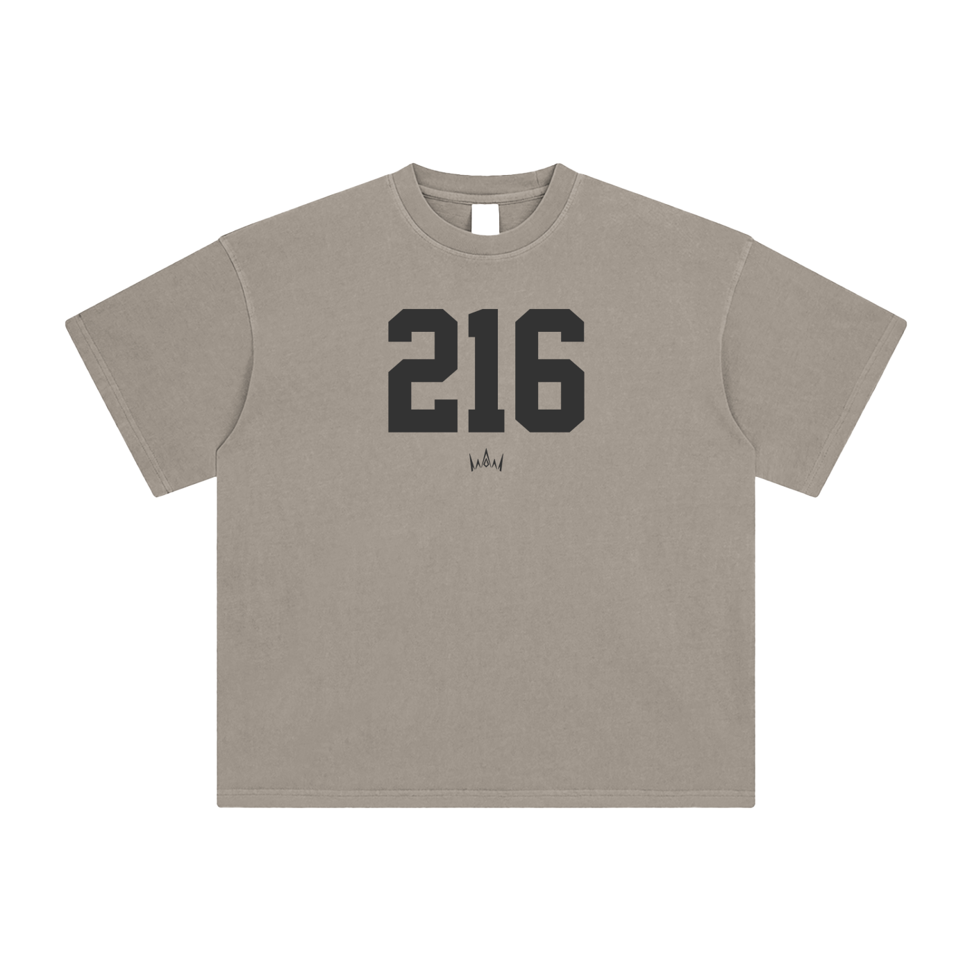 A gray crew neck short-sleeved t-shirt with the number 216 printed in black on the front.