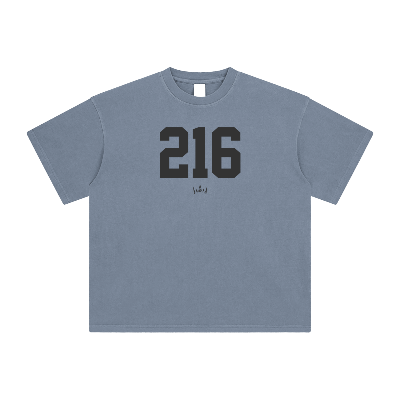 A blue crew neck short-sleeved t-shirt with the number 216 printed in black on the front.