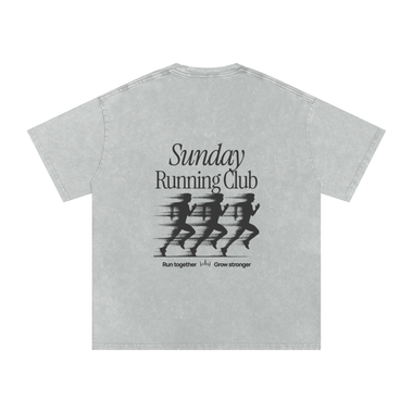 Gray t-shirt with 'Sunday Running Club' design on a white background