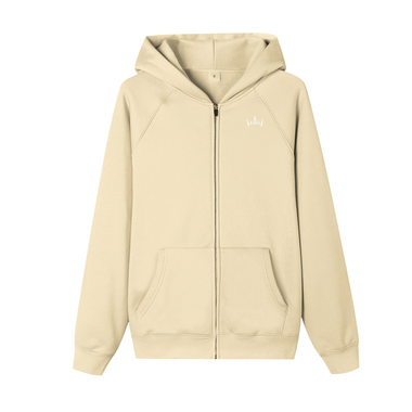 A tan zip-up hoodie with a hood, long sleeves, and a front pocket