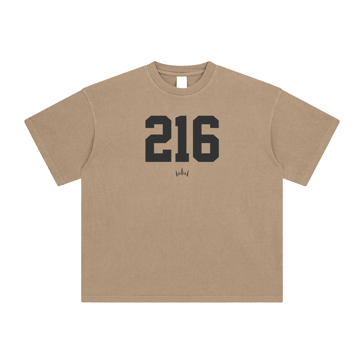 A brown crew neck short-sleeved t-shirt with the number 216 printed in black on the front.