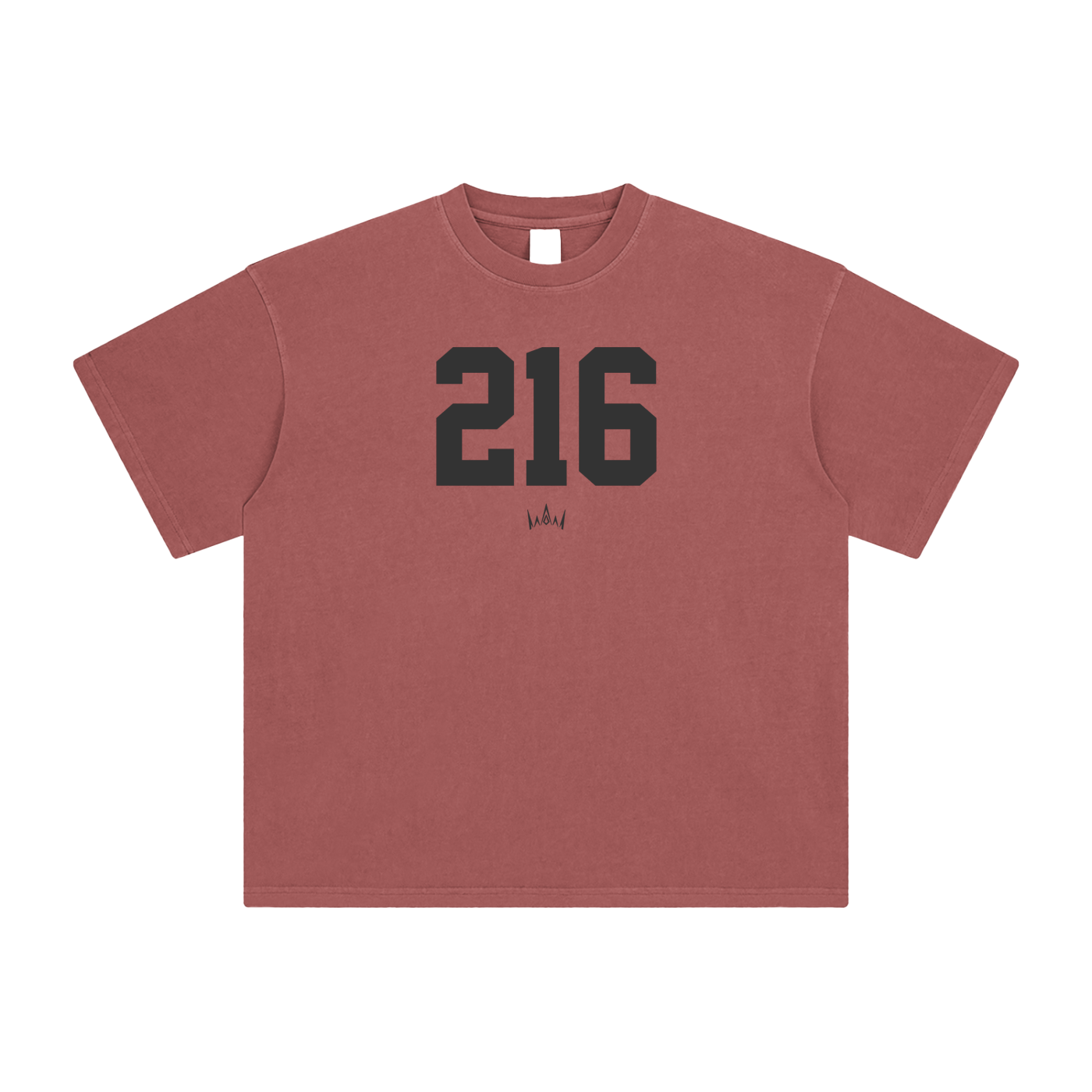A red crew neck short-sleeved t-shirt with the number 216 printed in black on the front.