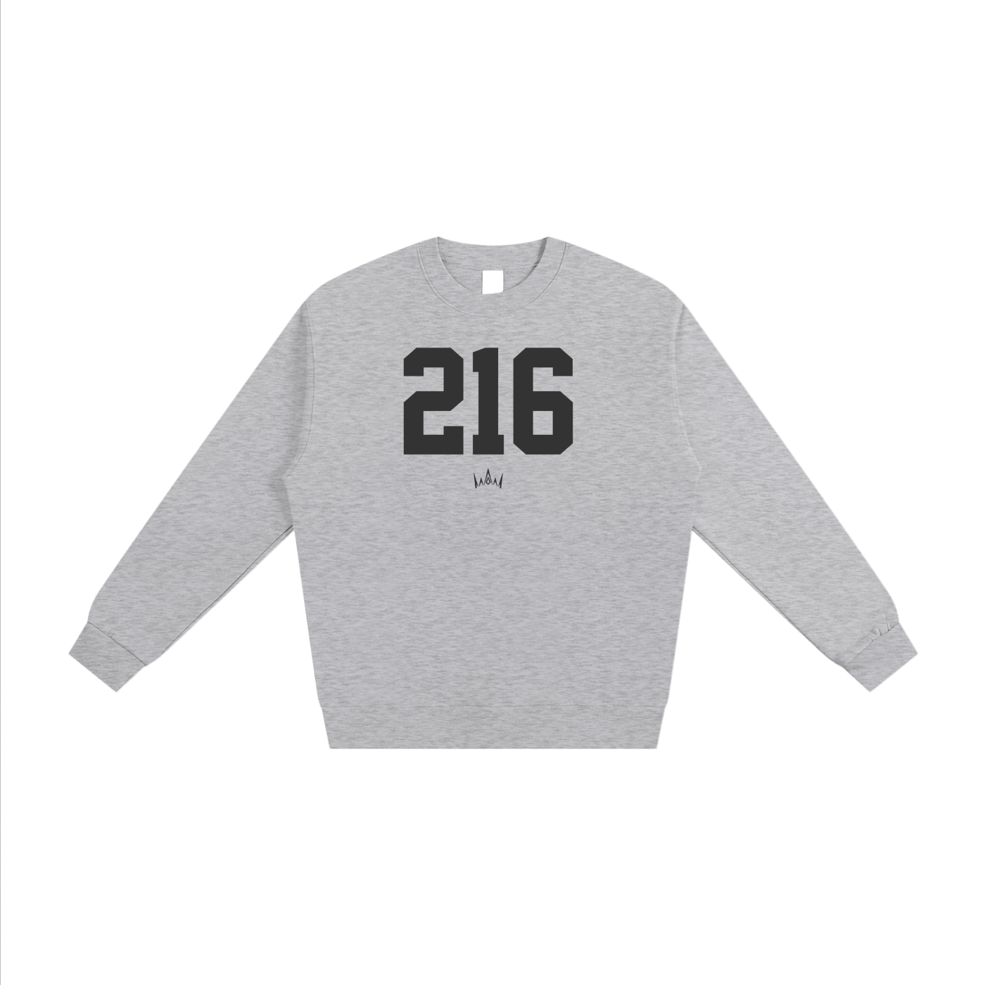 Gray sweatshirt with the number '216' printed on the front.
