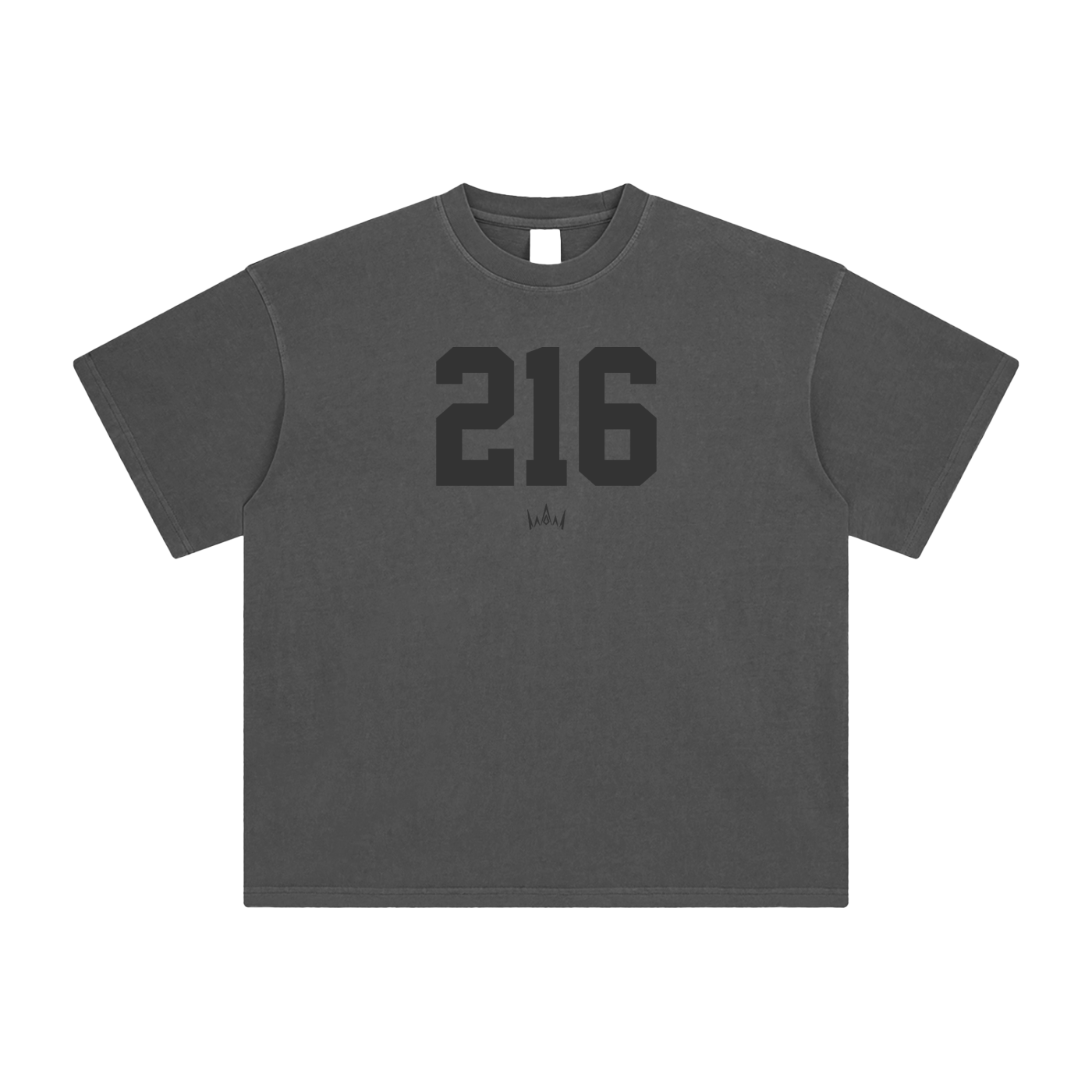 A gray crew neck short-sleeved t-shirt with the number 216 printed in black on the front.
