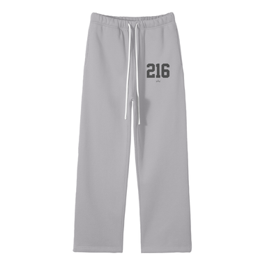 Gray straight joggers with a drawstring waist and the number 216 printed on the left leg.
