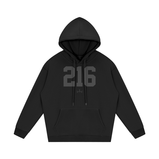 A black hoodie with '216' printed in large black numbers on the front, along with a small 'Cleveland' text at the bottom
