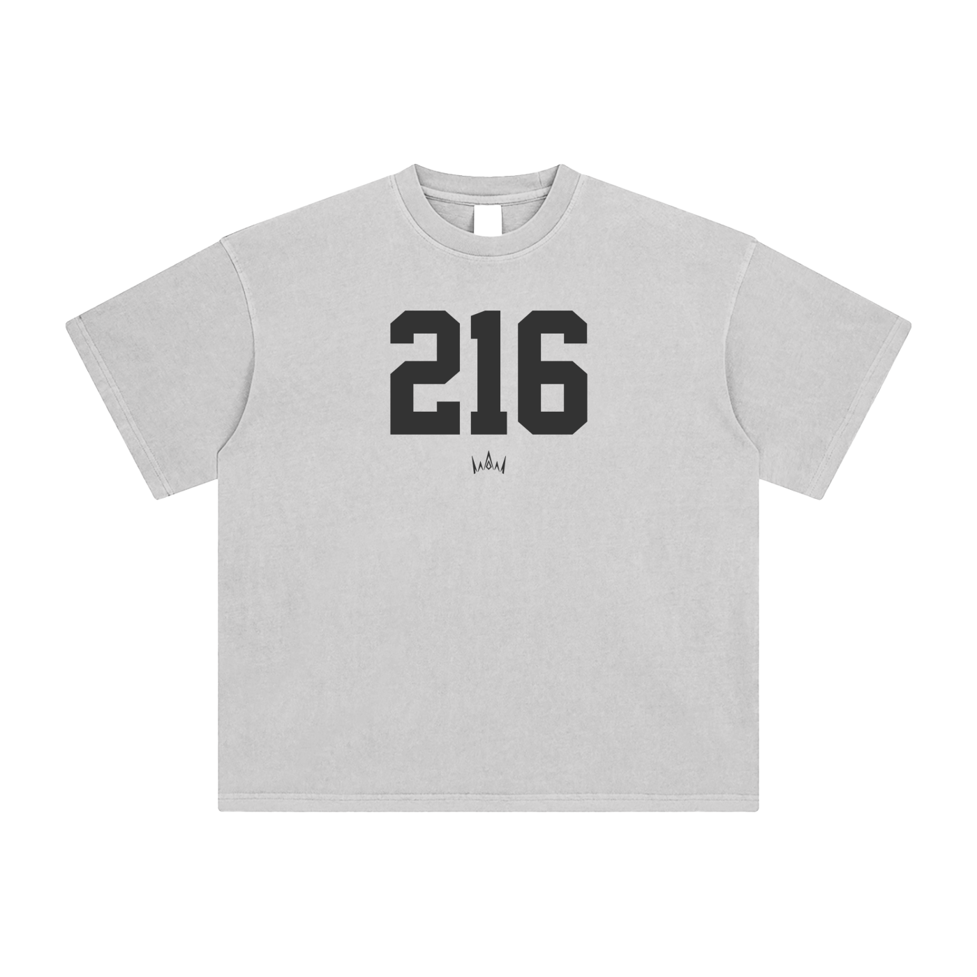 A gray crew neck short-sleeved t-shirt with the number 216 printed in black on the front.