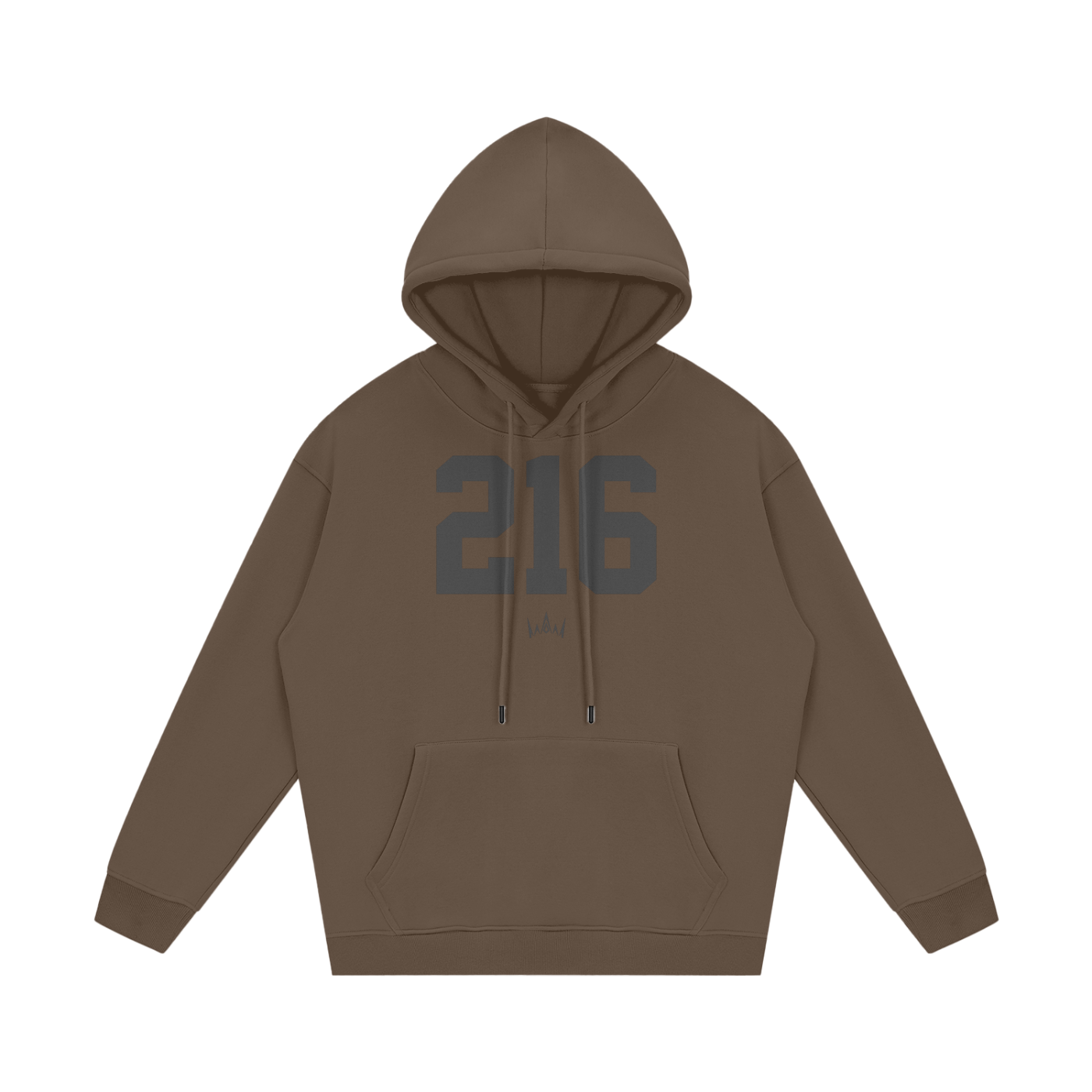 A brown hoodie with '216' printed in large black numbers on the front, along with a small 'Cleveland' text at the bottom.