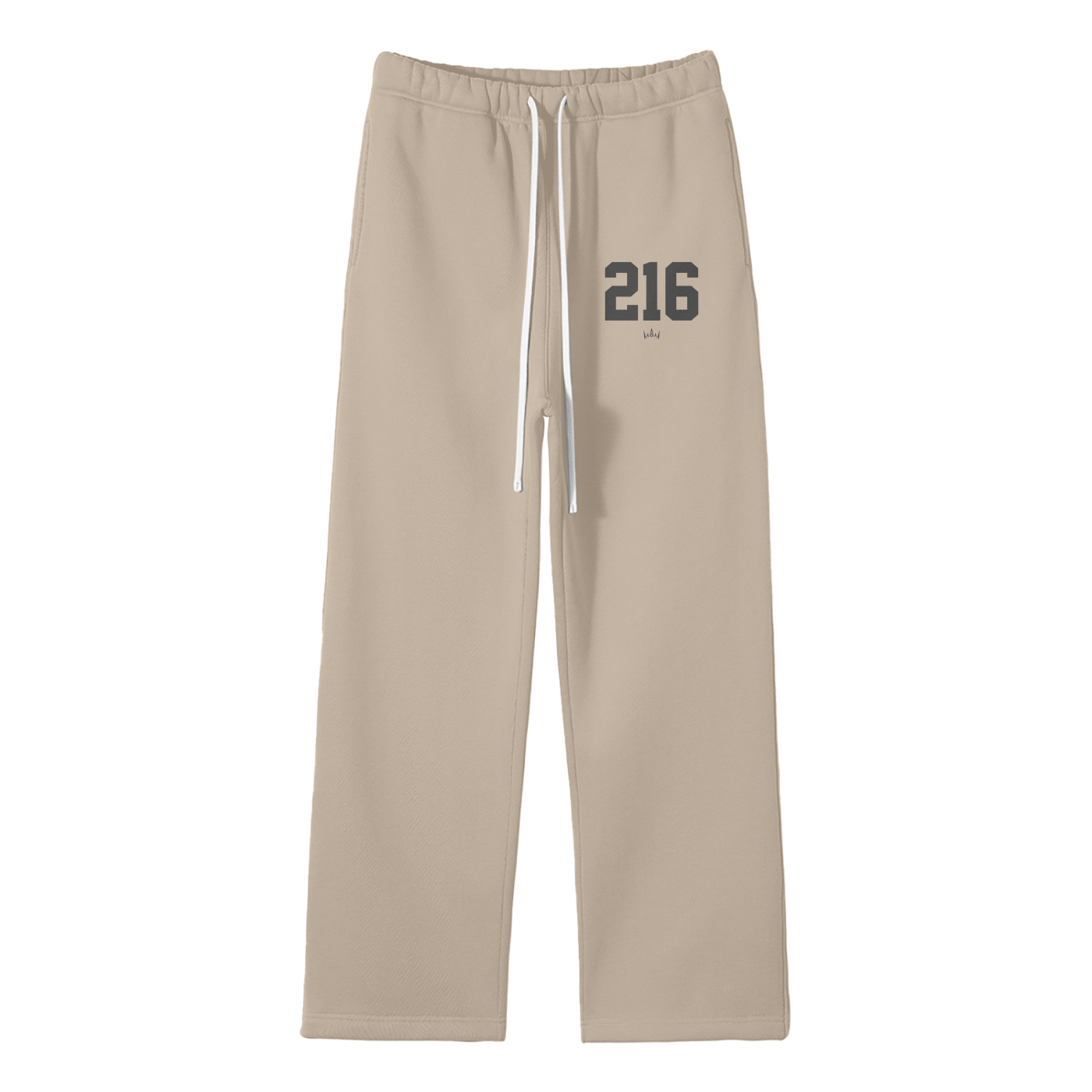Tan straight joggers with a drawstring waist and the number 216 printed on the left leg.