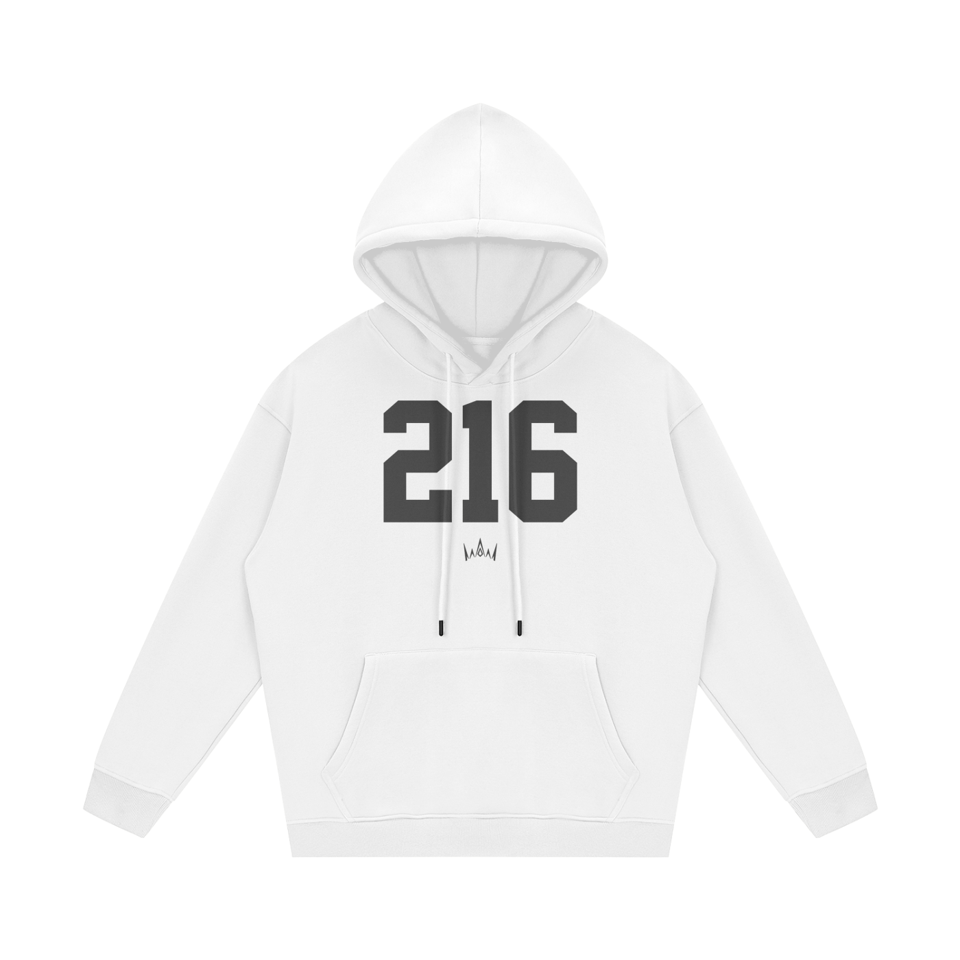 A white hoodie with '216' printed in large black numbers on the front, along with a small 'Cleveland' text at the bottom.