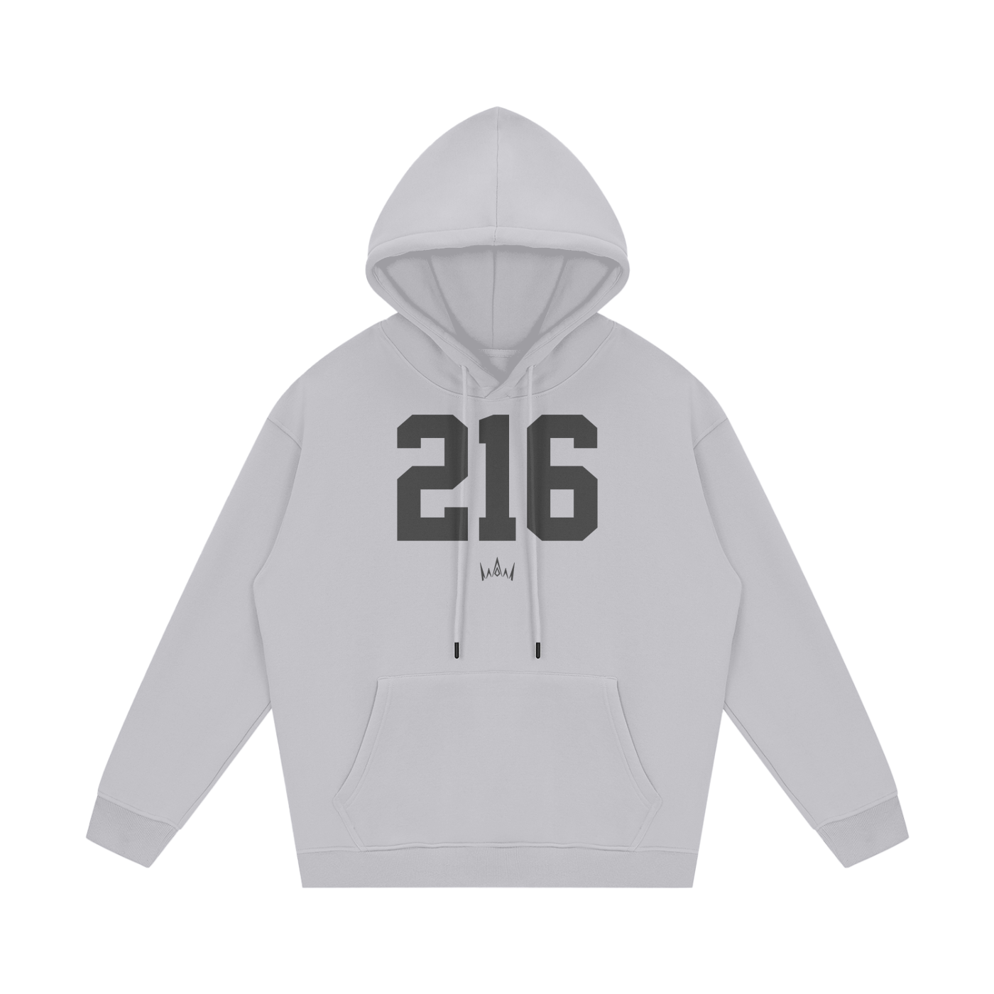 A gray hoodie with '216' printed in large black numbers on the front, along with a small 'Cleveland' text at the bottom.