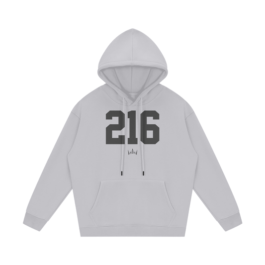 A gray hoodie with '216' printed in large black numbers on the front, along with a small 'Cleveland' text at the bottom.