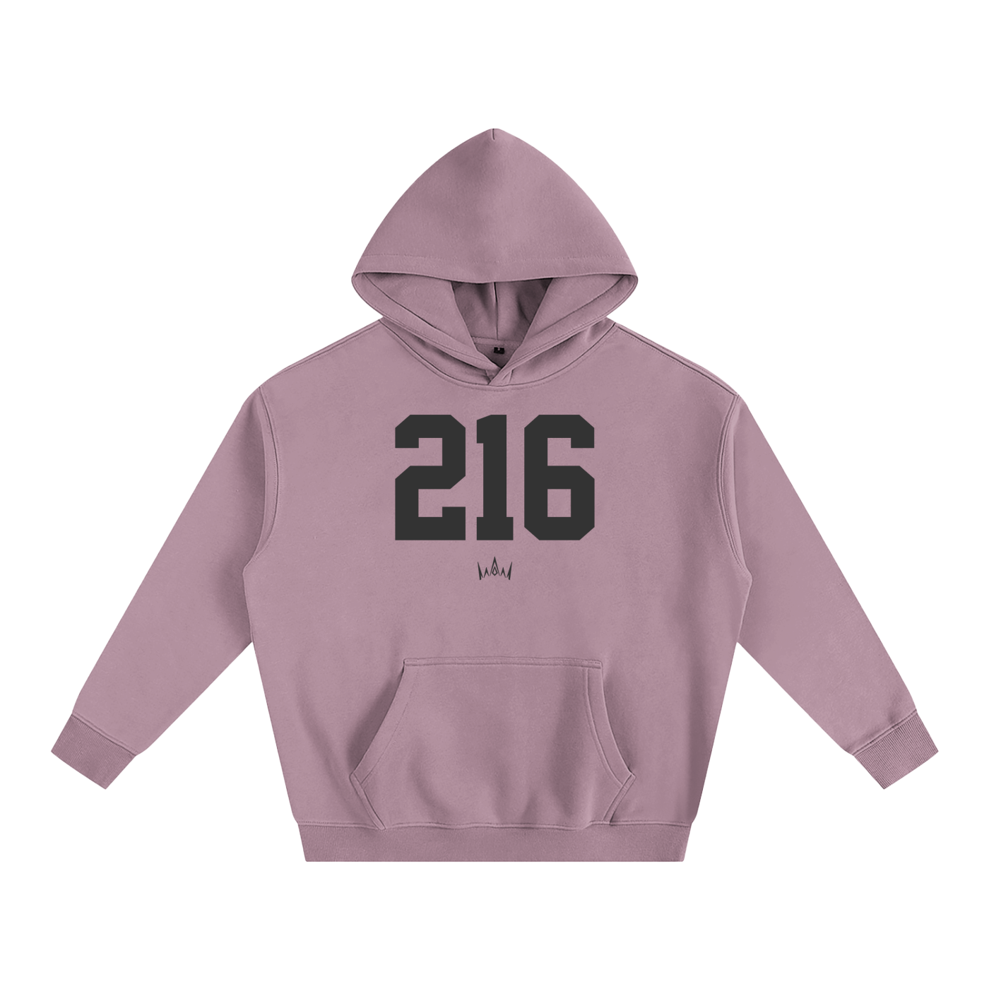 Purple oversized hoodie with '216' printed in black on the front.
