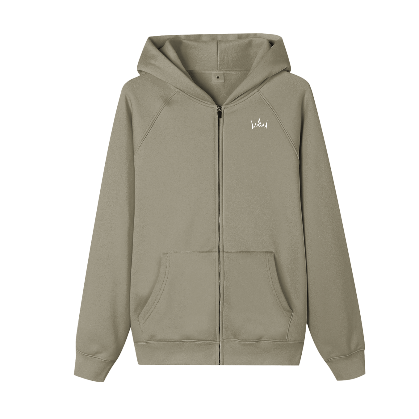 A gray zip-up hoodie with a hood, long sleeves, and a front pocket.