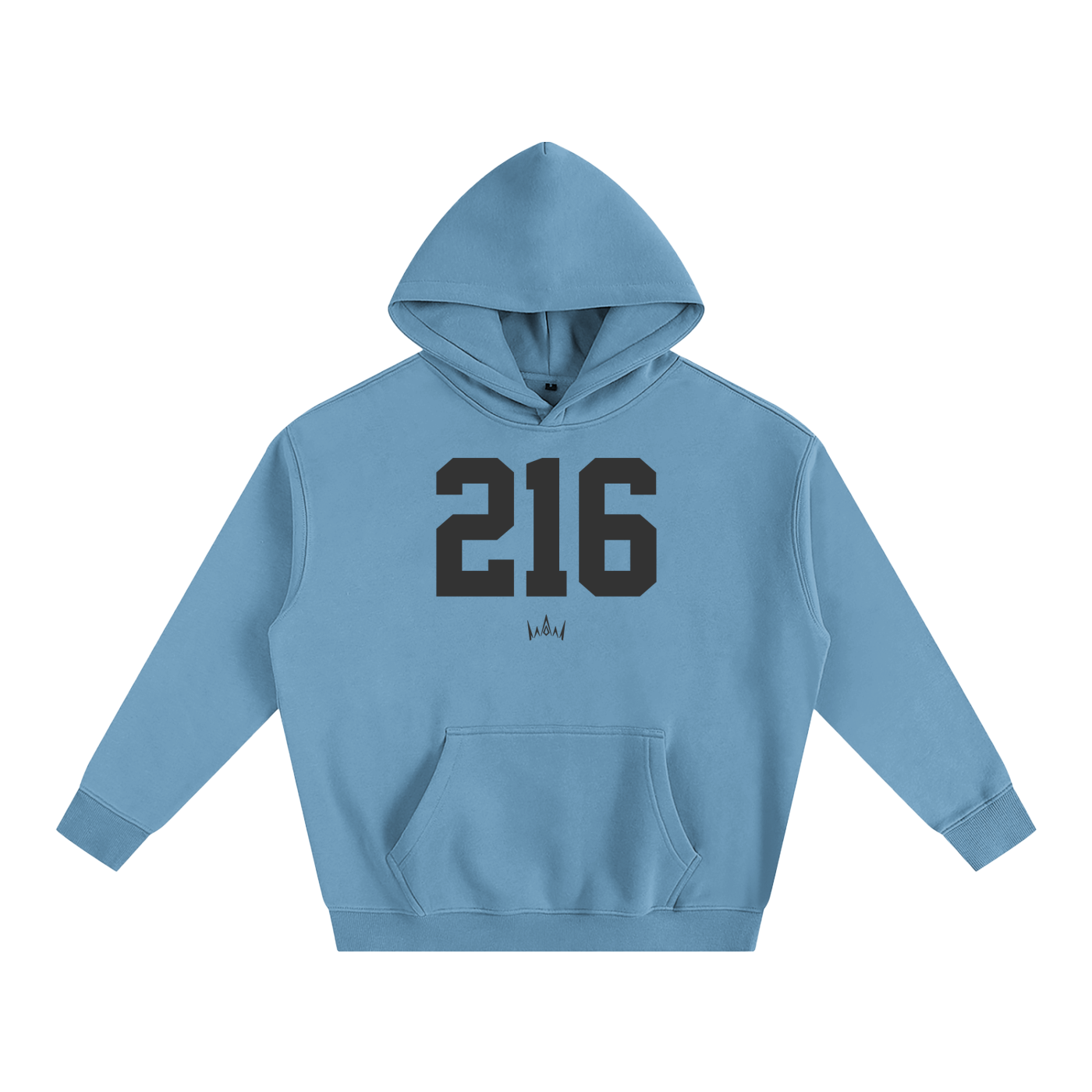 Blue oversized hoodie with '216' printed in black on the front.