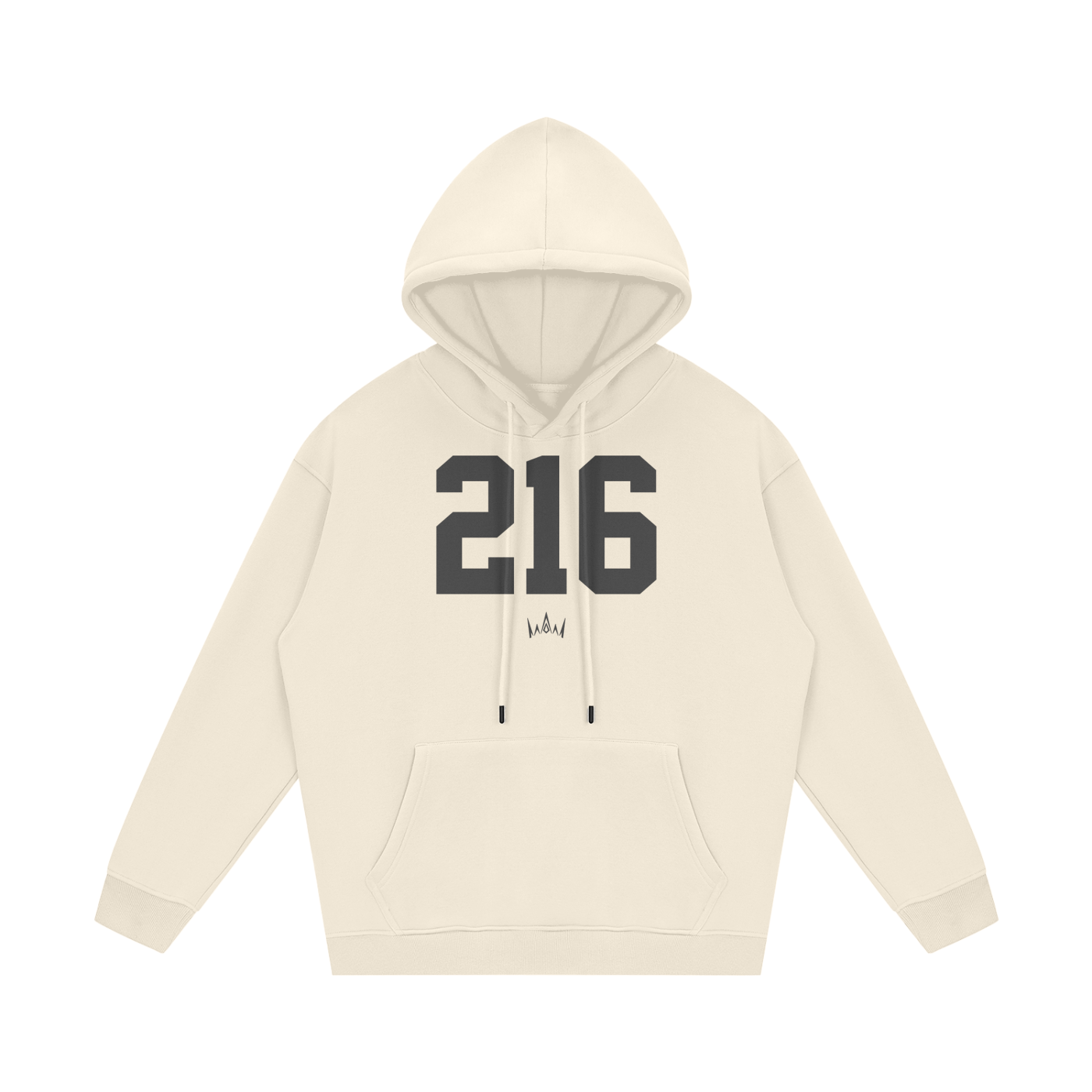 A beige hoodie with '216' printed in large black numbers on the front, along with a small 'Cleveland' text at the bottom.