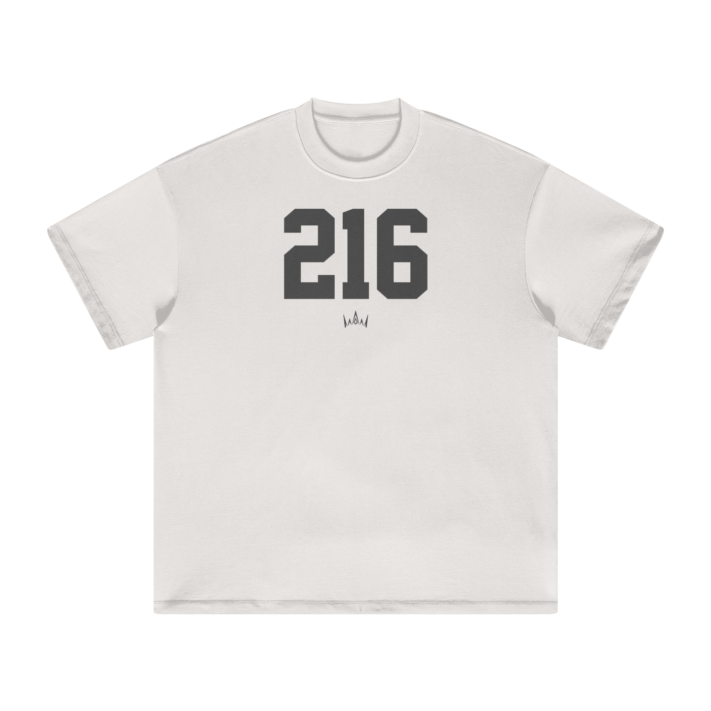 White crew neck t-shirt with the number '216' printed in black on the front.