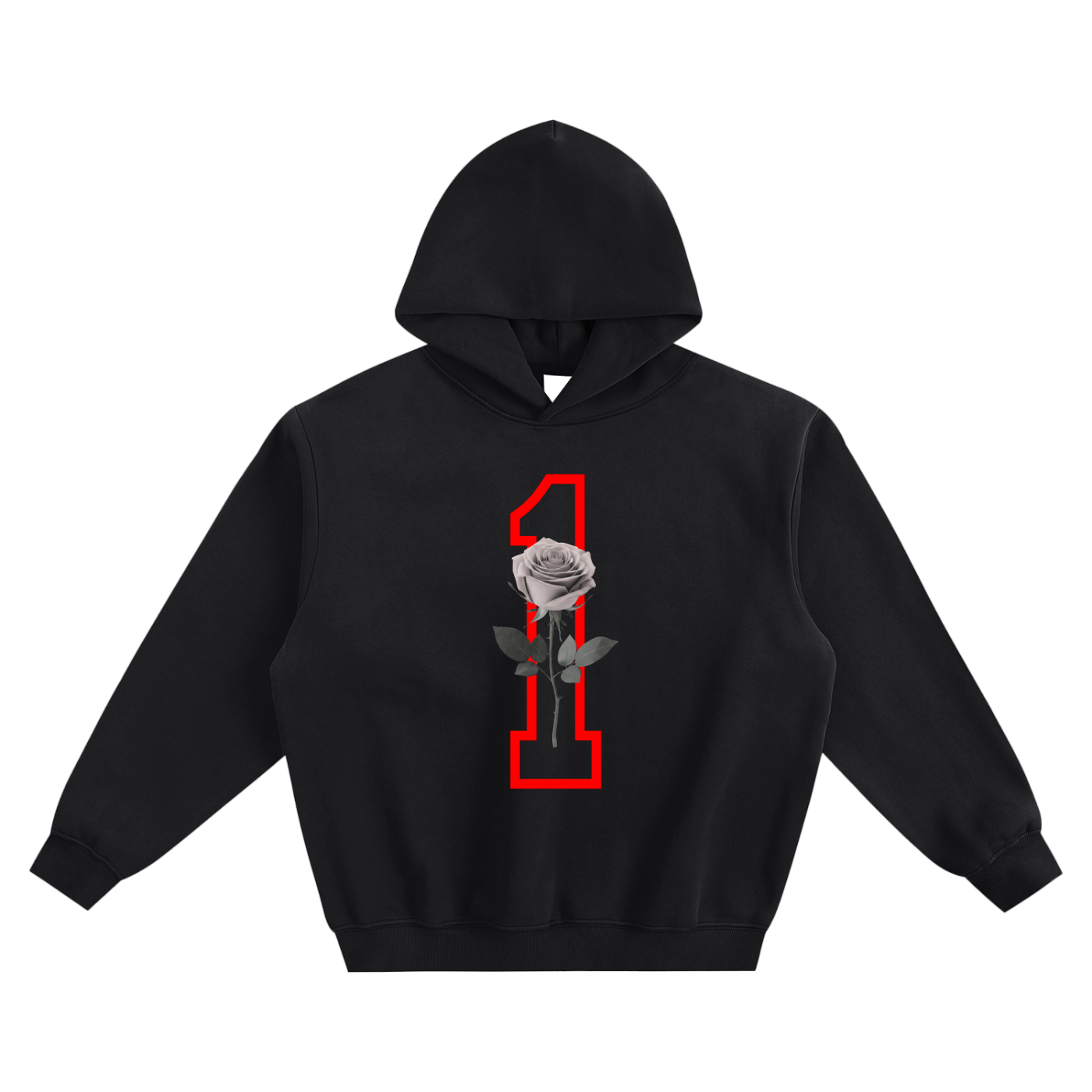 Black hoodie with a rose and number design on a white background