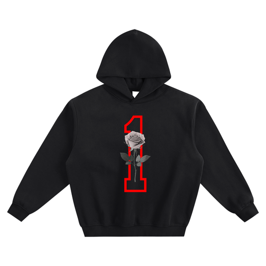 Black hoodie with a rose and number design on a white background