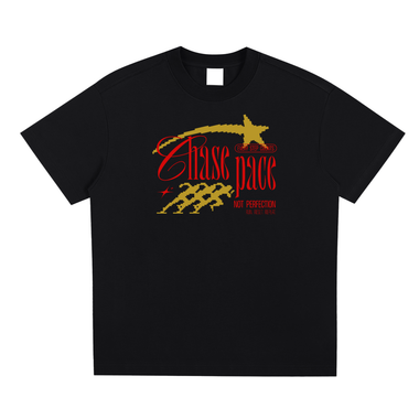 White t-shirt with red and gold graphic design on a white background