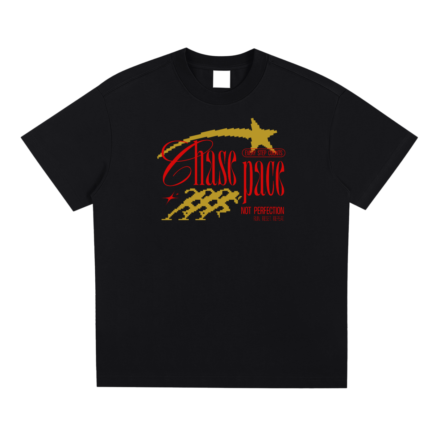 Black t-shirt with red and yellow graphic design on a white background