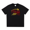 White t-shirt with red and gold graphic design on a white background