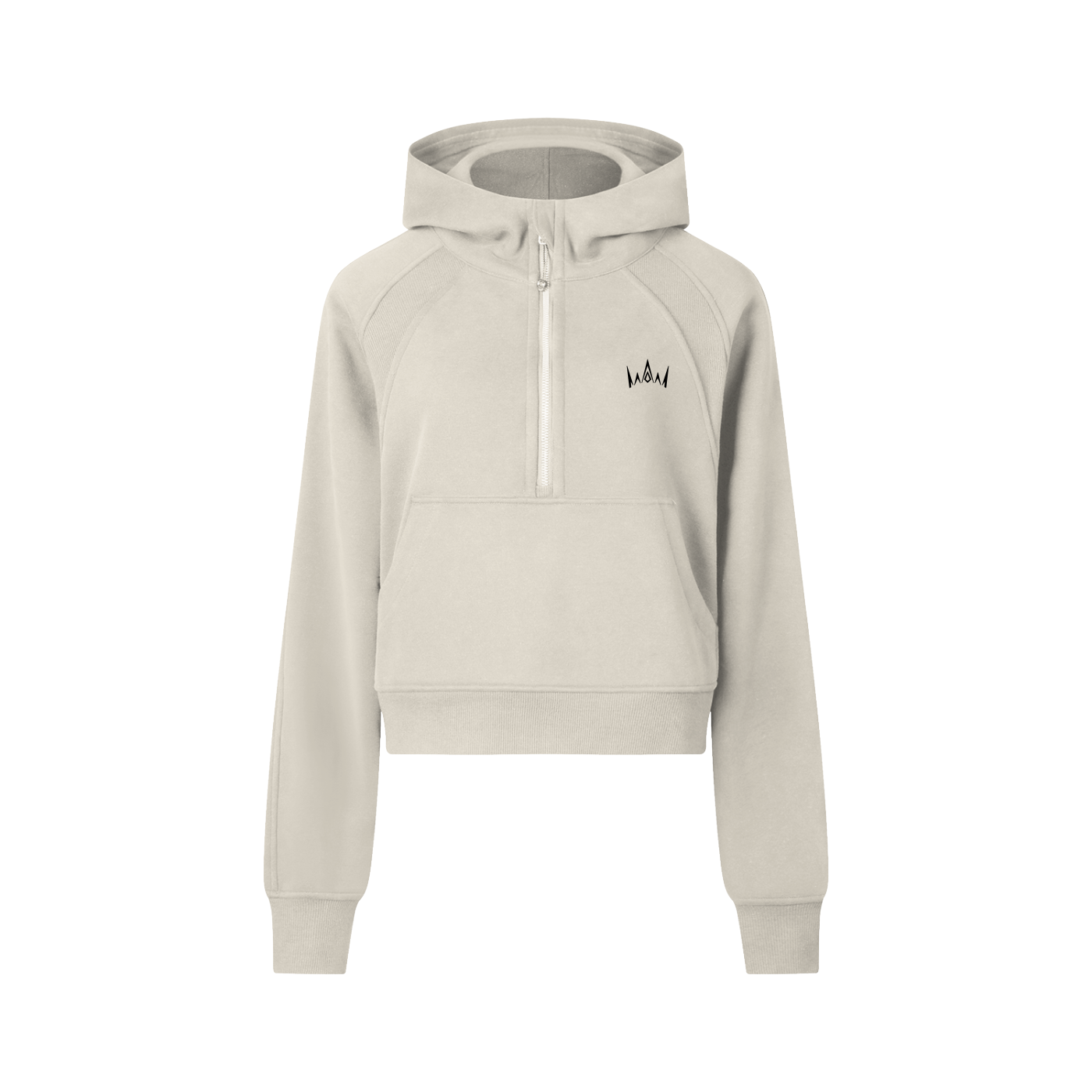 A tan cropped half-zip hoodie with a hood, long sleeves, and a front zipper.