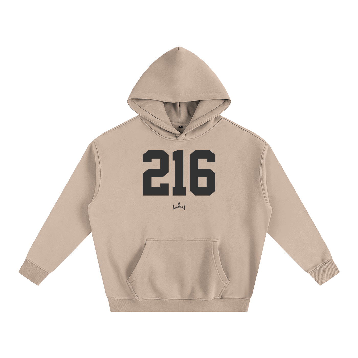 Beige oversized hoodie with '216' printed in black on the front.