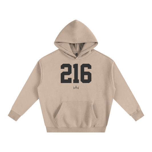 Beige oversized hoodie with '216' printed in black on the front.