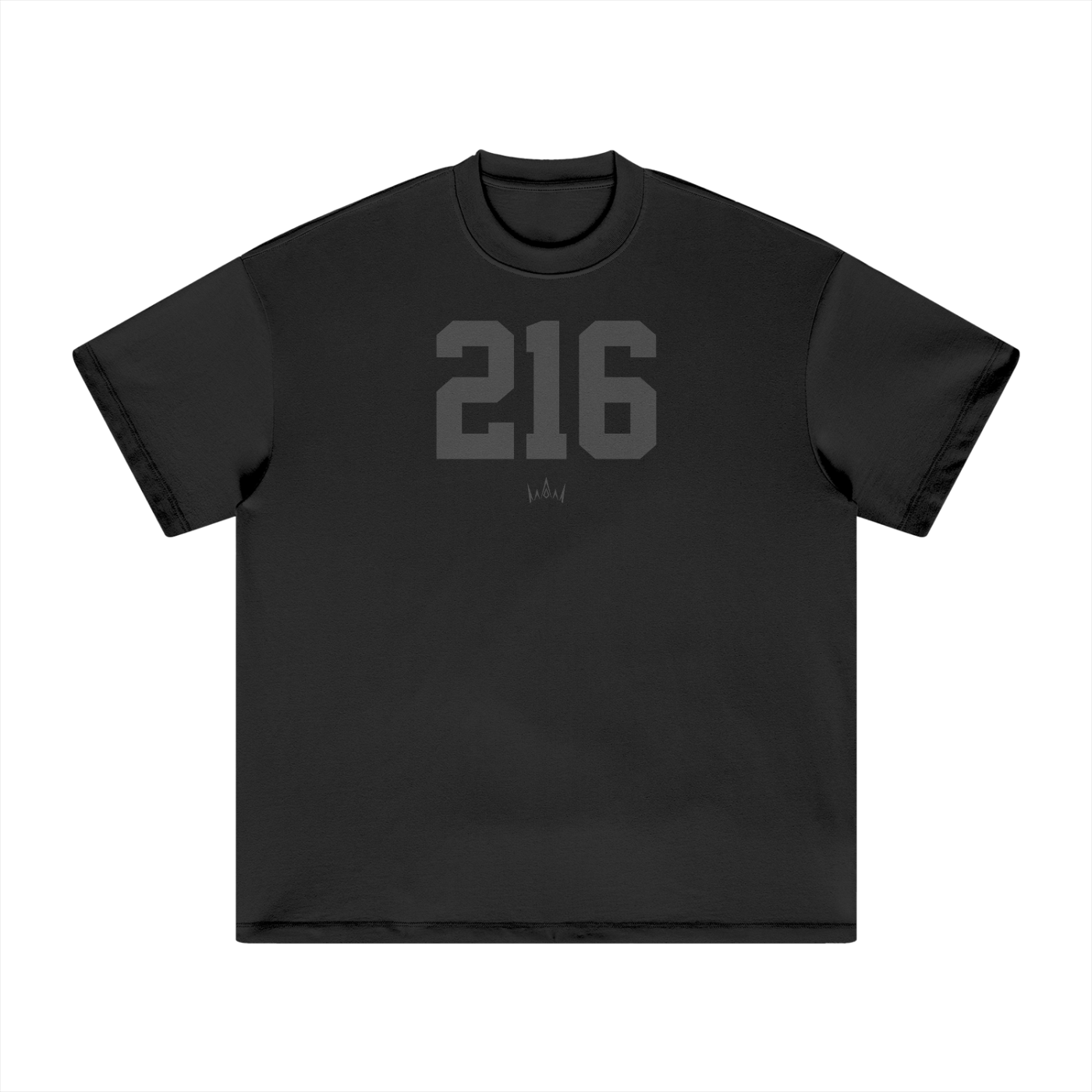 Black crew neck t-shirt with the number '216' printed in black on the front.