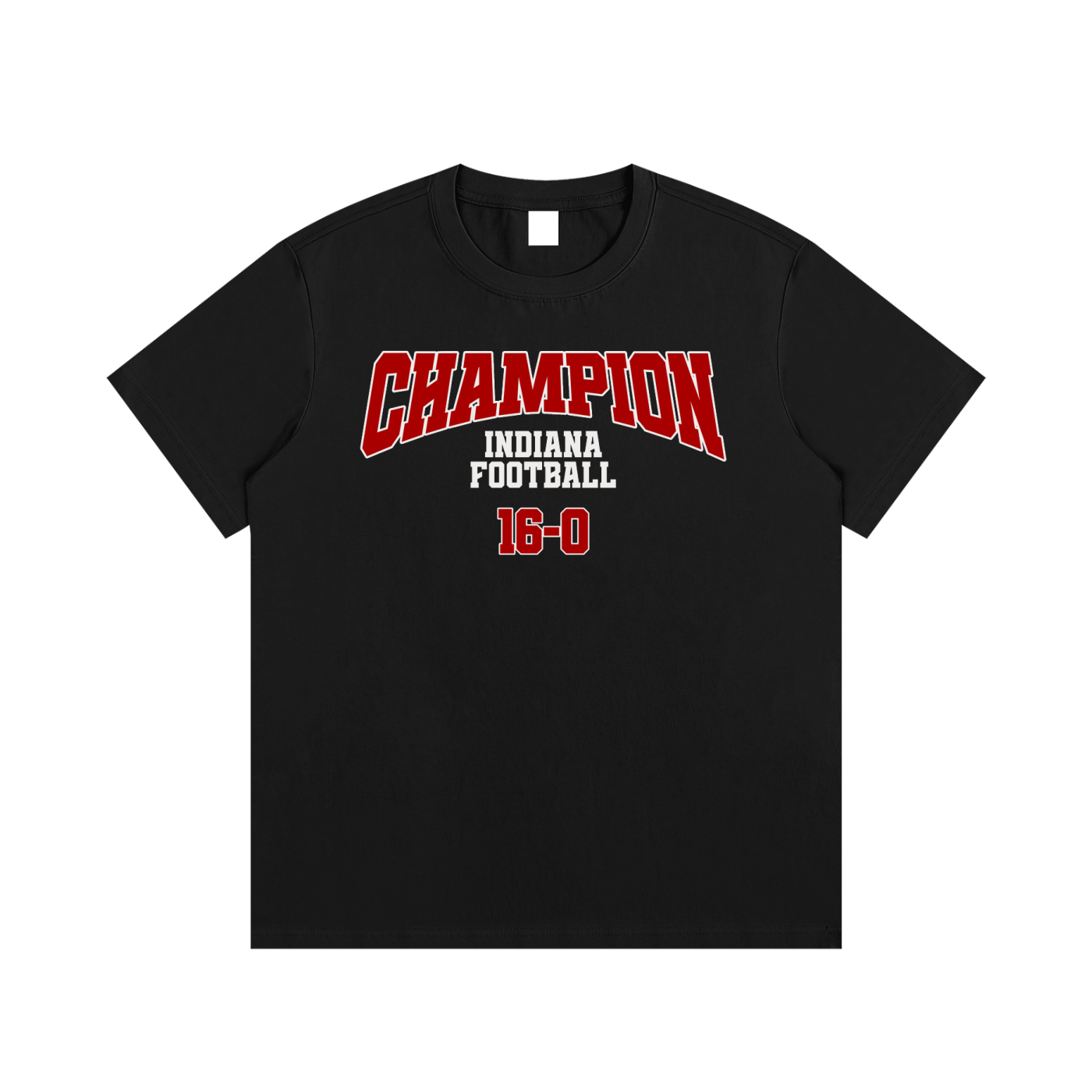 Black t-shirt with 'Champion Indiana Football 16-0' text on a white background