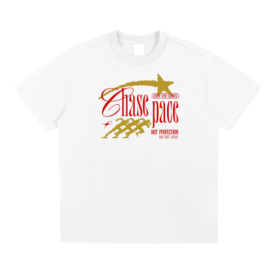 White t-shirt with red and gold graphic design on a white background