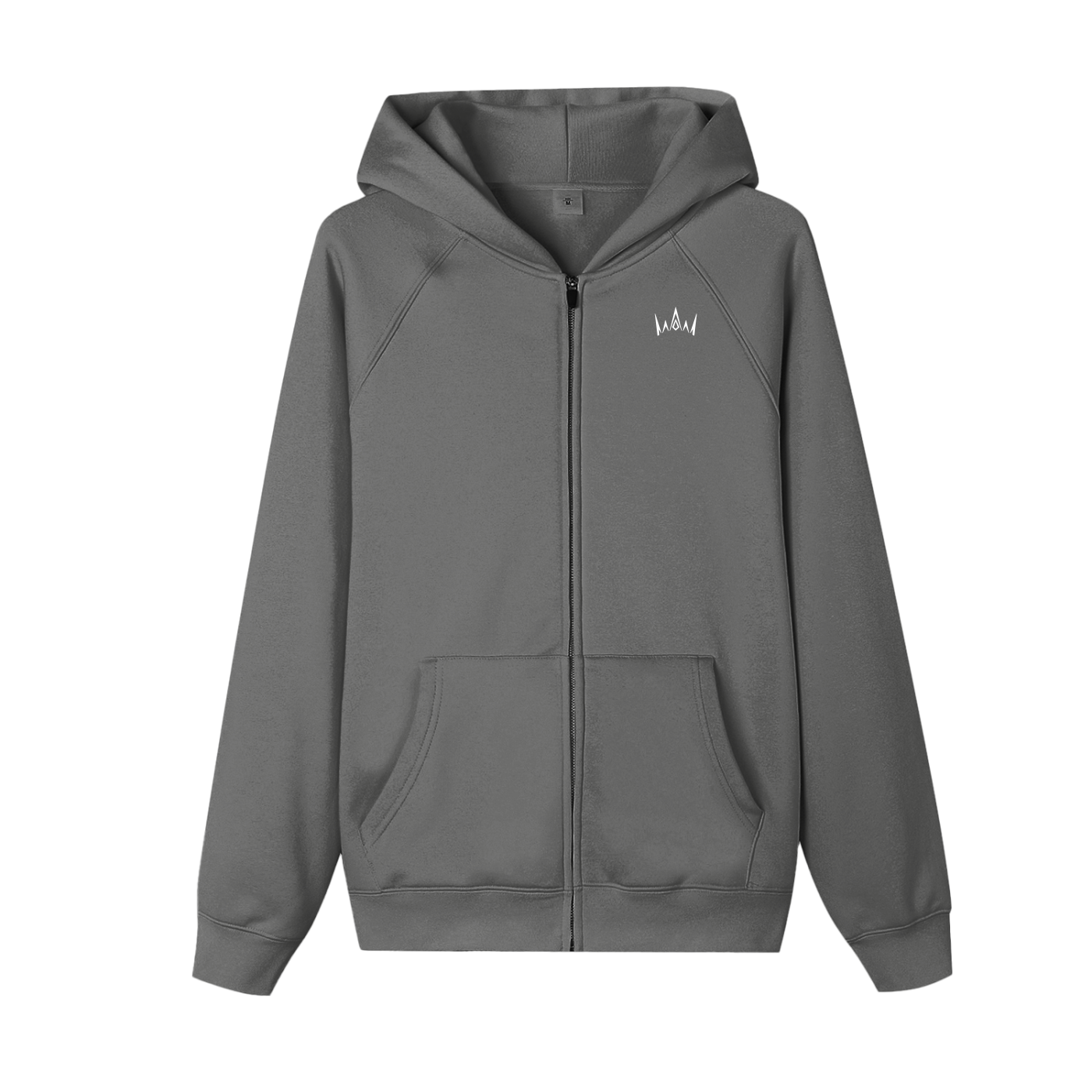 A gray zip-up hoodie with a hood, long sleeves, and a front pocket.