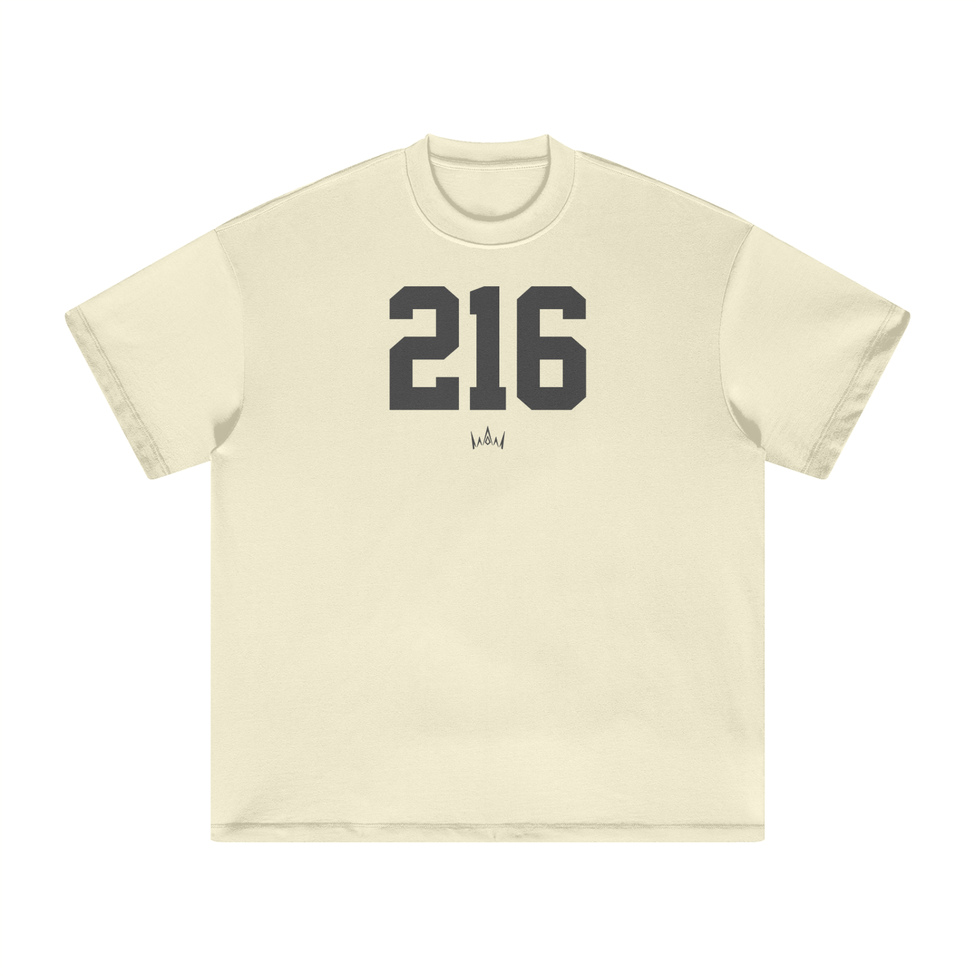 Off White crew neck t-shirt with the number '216' printed in black on the front.