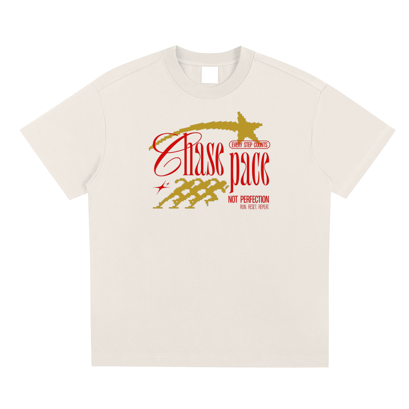 T-shirt with red and gold graphic design on a white background