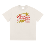 T-shirt with red and gold graphic design on a white background