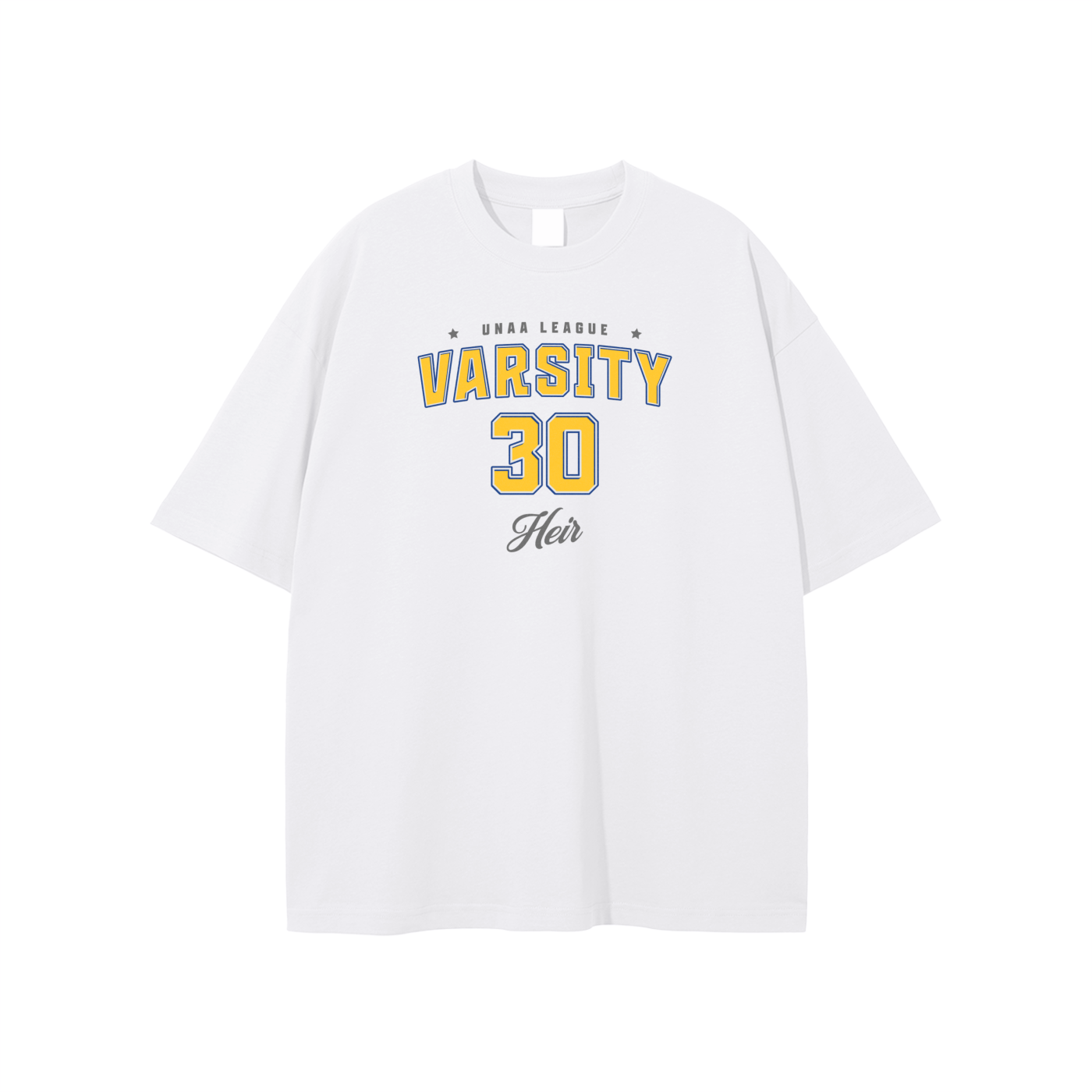 White t-shirt with 'Varsity 30' printed in yellow and black on a white background