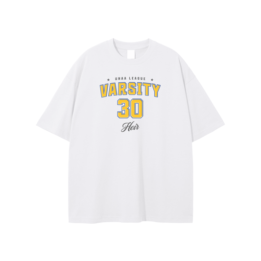 White t-shirt with 'Varsity 30' printed in yellow and black on a white background