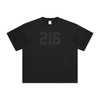 A gray crew neck short-sleeved t-shirt with the number 216 printed in black on the front.