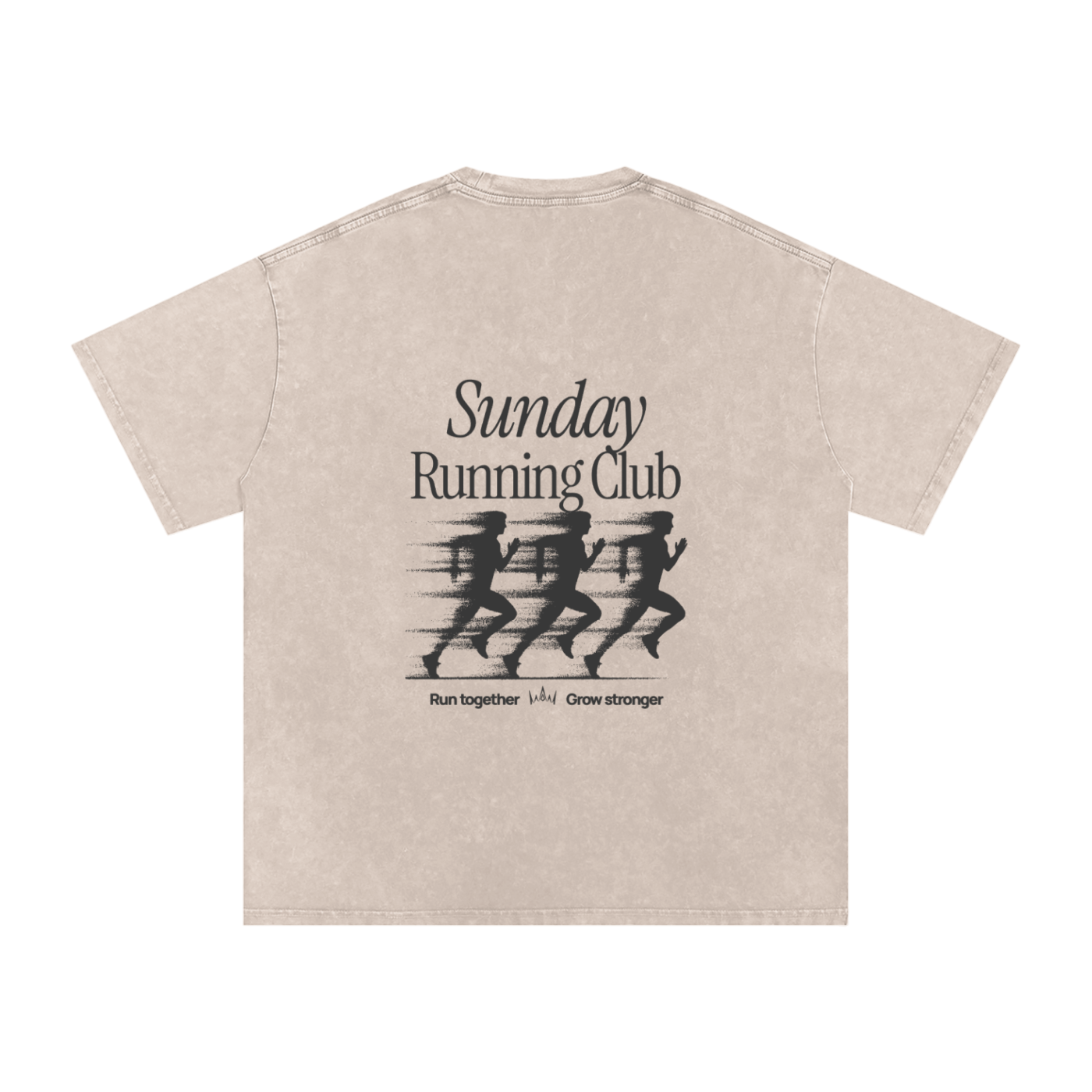 Beige t-shirt with black 'Sunday Running Club' graphic on a white background