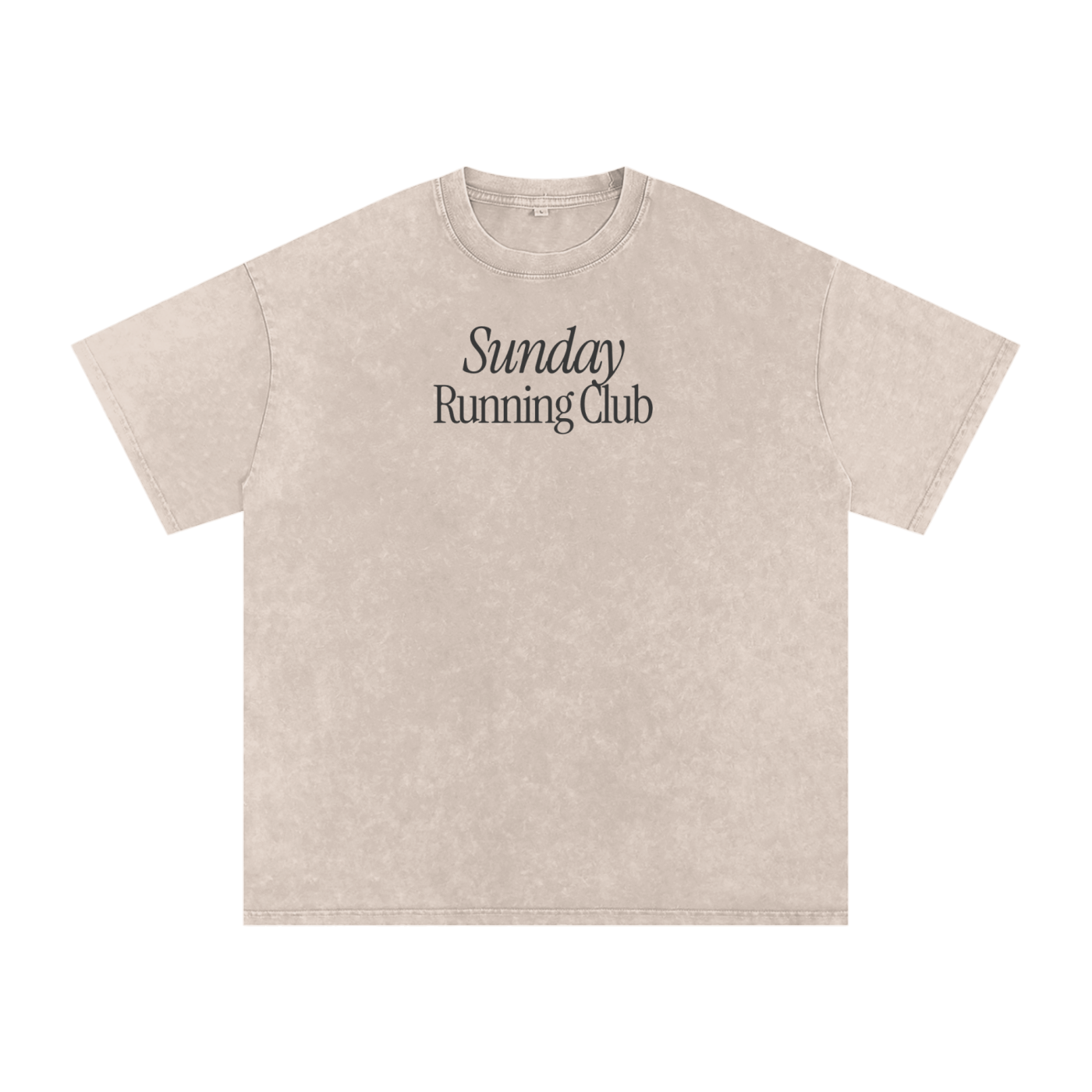 Beige t-shirt with 'Sunday Running Club' text on a white background