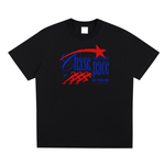 Black t-shirt with red and blue graphic design on a white background