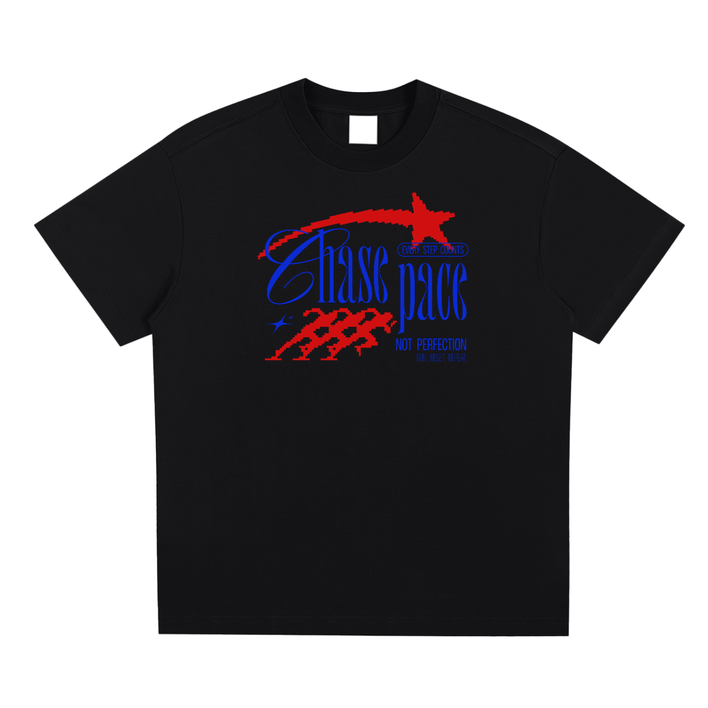 Black t-shirt with red and blue graphic design on a white background