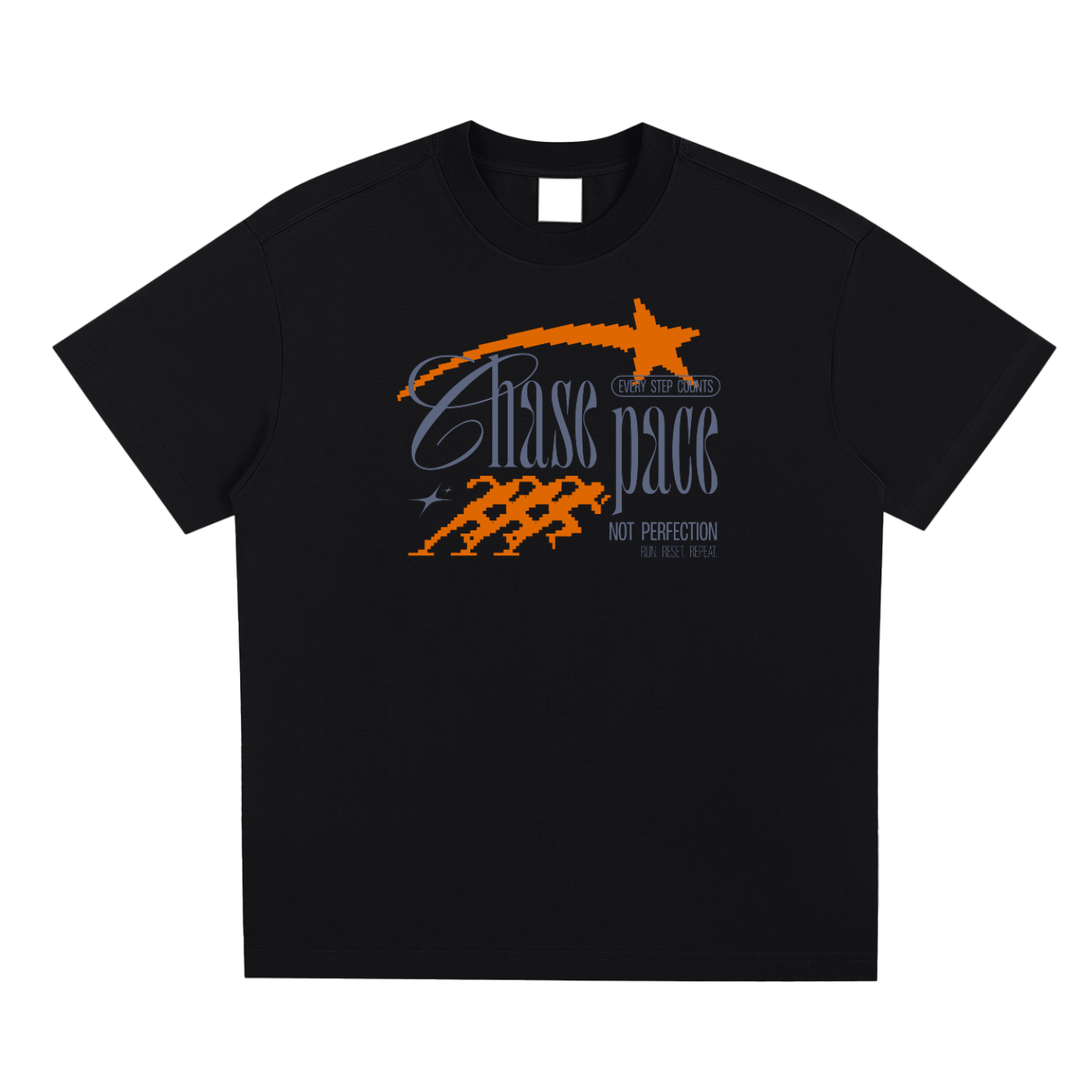 Black t-shirt with orange and gray graphic design on a white background