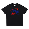 Light blue t-shirt with red and blue graphic design on a white background