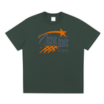Green t-shirt with orange and purple graphic design on a white background
